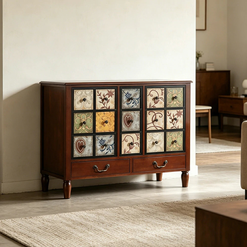 LIVARA American Vintage Storage Cabinet - Solid Wood Painted 11-Drawer Chest with 15 Panels - 100cm Entryway Cabinet - Reddish Brown