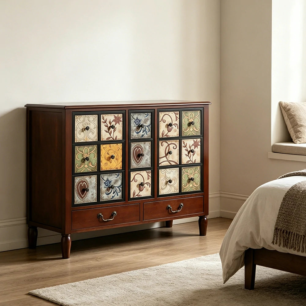 LIVARA American Vintage Storage Cabinet - Solid Wood Painted 11-Drawer Chest with 15 Panels - 100cm Entryway Cabinet - Reddish Brown