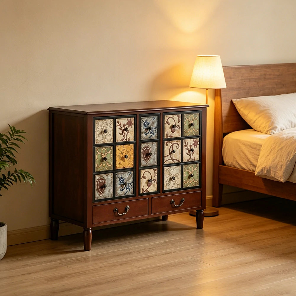 LIVARA American Vintage Storage Cabinet - Solid Wood Painted 11-Drawer Chest with 15 Panels - 100cm Entryway Cabinet - Reddish Brown