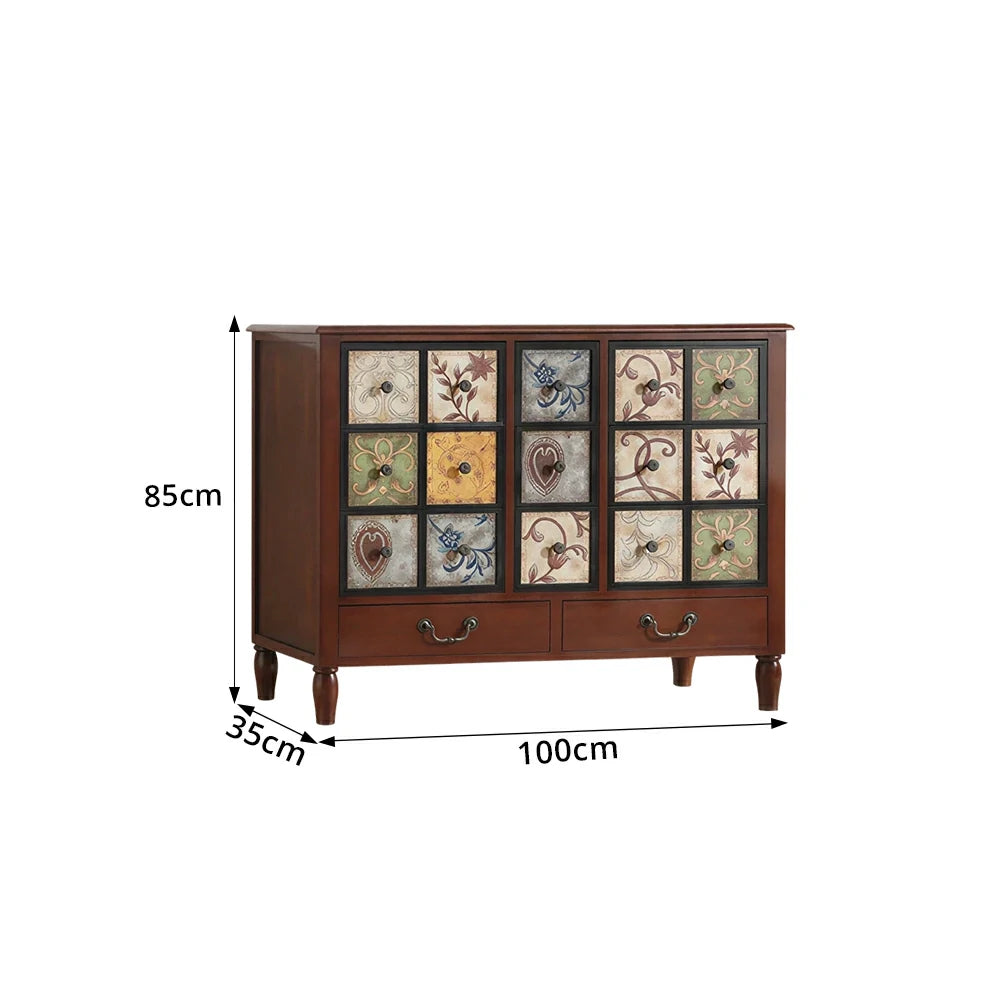 LIVARA American Vintage Storage Cabinet - Solid Wood Painted 11-Drawer Chest with 15 Panels - 100cm Entryway Cabinet - Reddish Brown