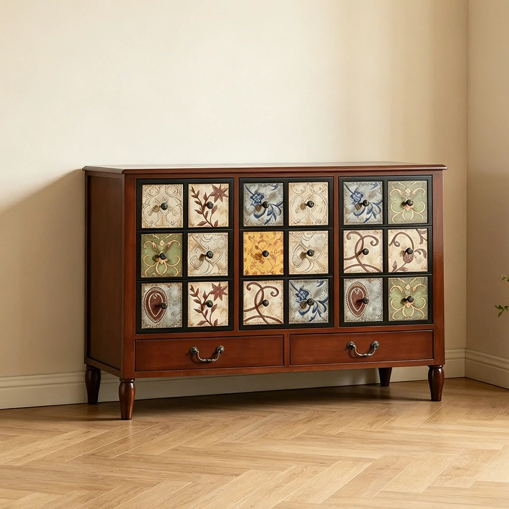 LIVARA American Vintage Storage Cabinet - Solid Wood Painted 11-Drawer Chest with 18 Panels - 116cm Entryway Cabinet - Reddish Brown