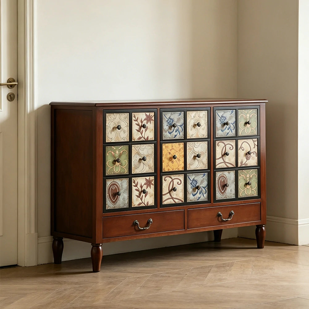 LIVARA American Vintage Storage Cabinet - Solid Wood Painted 11-Drawer Chest with 18 Panels - 116cm Entryway Cabinet - Reddish Brown
