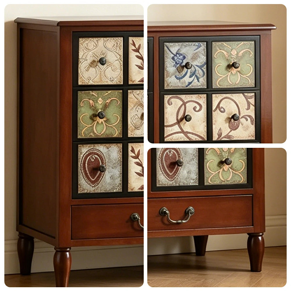 LIVARA American Vintage Storage Cabinet - Solid Wood Painted 11-Drawer Chest with 18 Panels - 116cm Entryway Cabinet - Reddish Brown