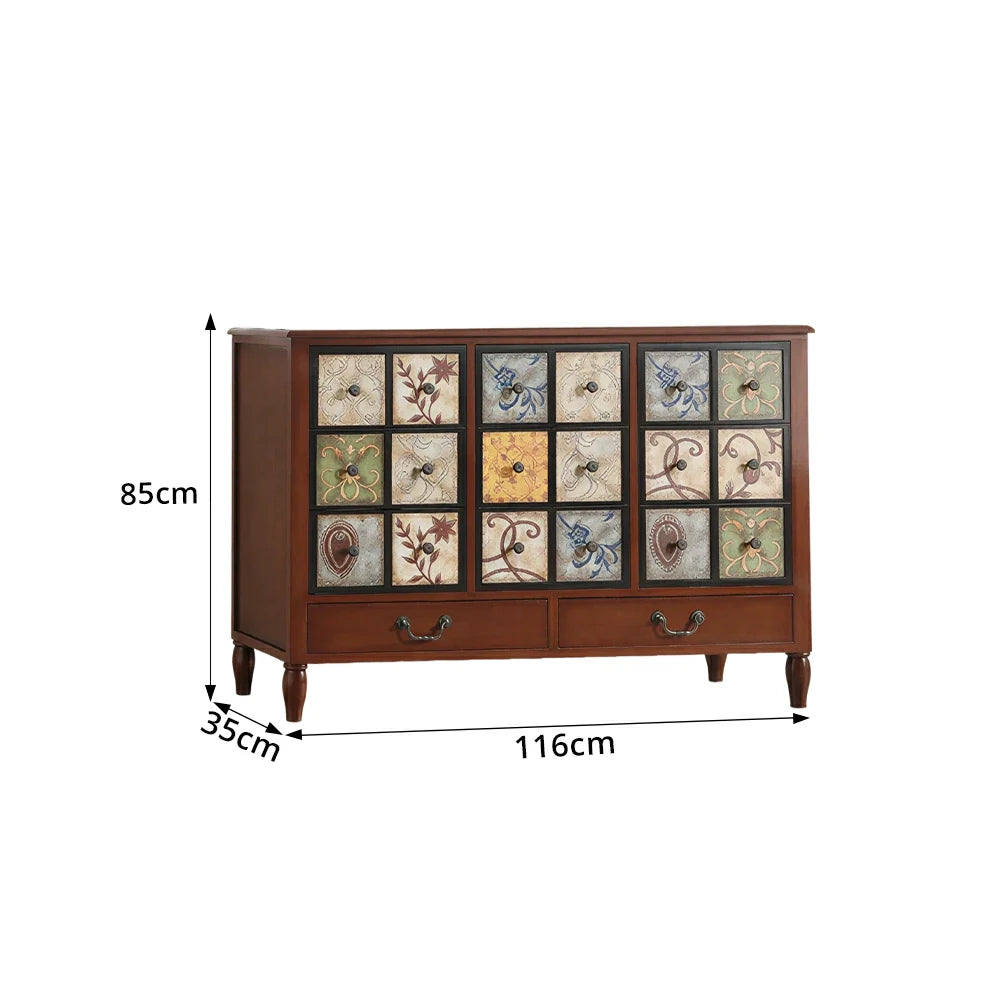 LIVARA American Vintage Storage Cabinet - Solid Wood Painted 11-Drawer Chest with 18 Panels - 116cm Entryway Cabinet - Reddish Brown