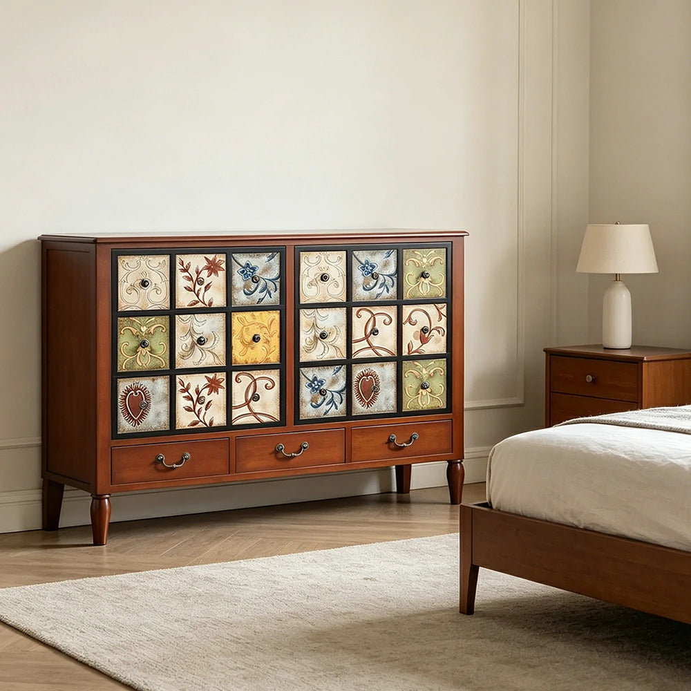 LIVARA American Vintage Storage Cabinet - Solid Wood Painted 9-Drawer Chest with 18 Panels - 120cm Entryway Cabinet - Reddish Brown
