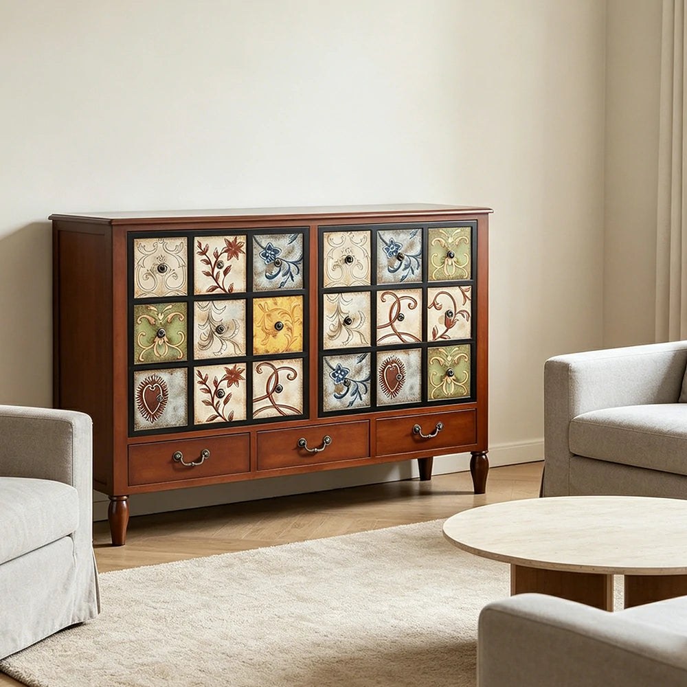 LIVARA American Vintage Storage Cabinet - Solid Wood Painted 9-Drawer Chest with 18 Panels - 120cm Entryway Cabinet - Reddish Brown