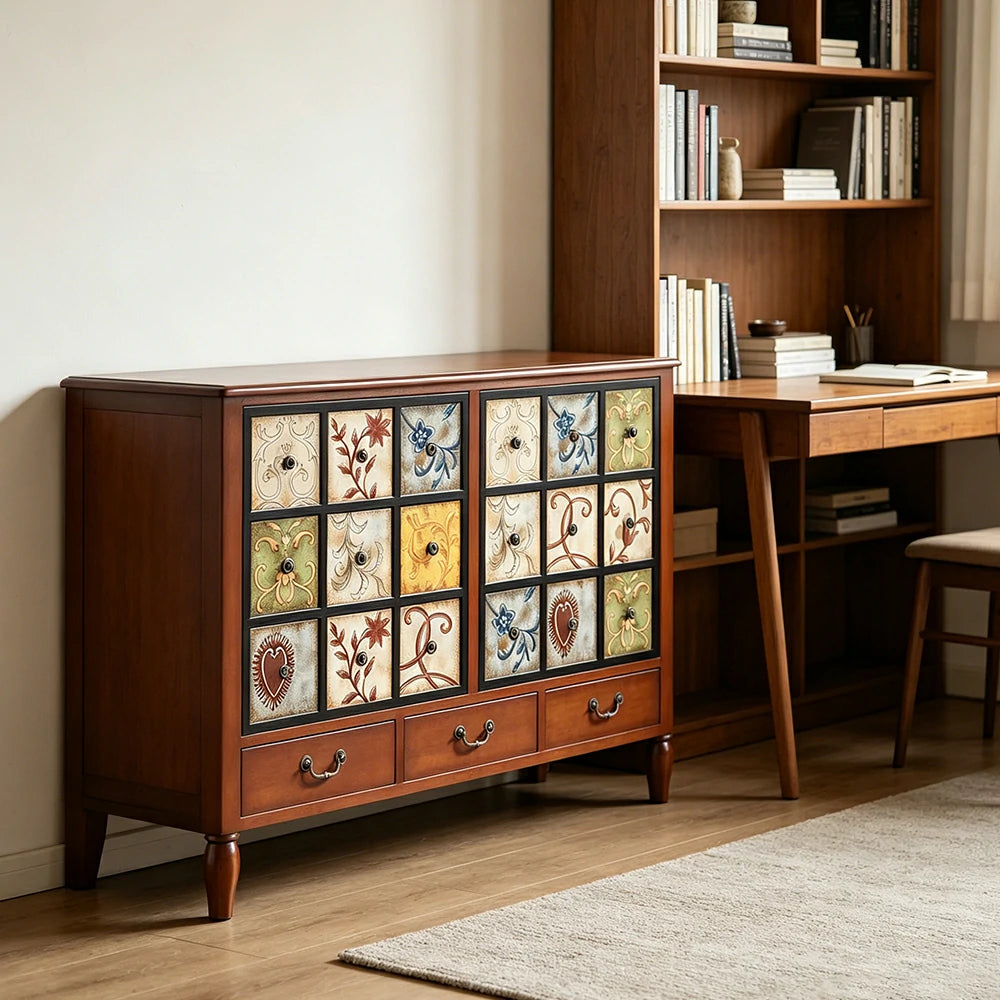 LIVARA American Vintage Storage Cabinet - Solid Wood Painted 9-Drawer Chest with 18 Panels - 120cm Entryway Cabinet - Reddish Brown