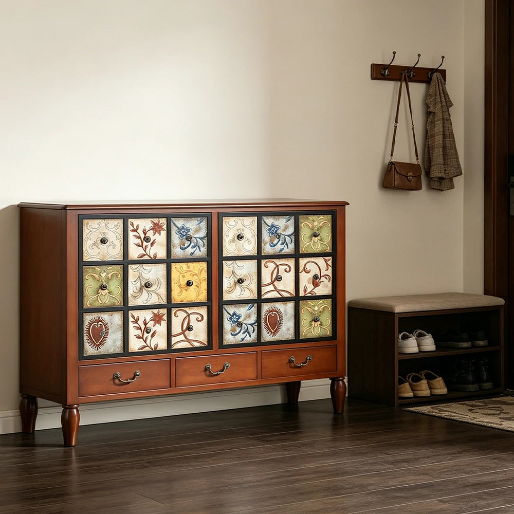 LIVARA American Vintage Storage Cabinet - Solid Wood Painted 9-Drawer Chest with 18 Panels - 120cm Entryway Cabinet - Reddish Brown