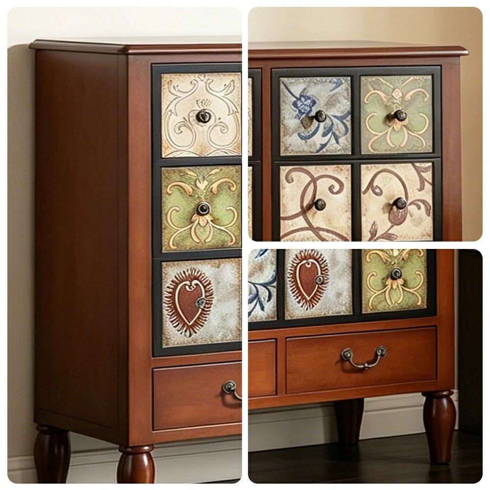 LIVARA American Vintage Storage Cabinet - Solid Wood Painted 9-Drawer Chest with 18 Panels - 120cm Entryway Cabinet - Reddish Brown