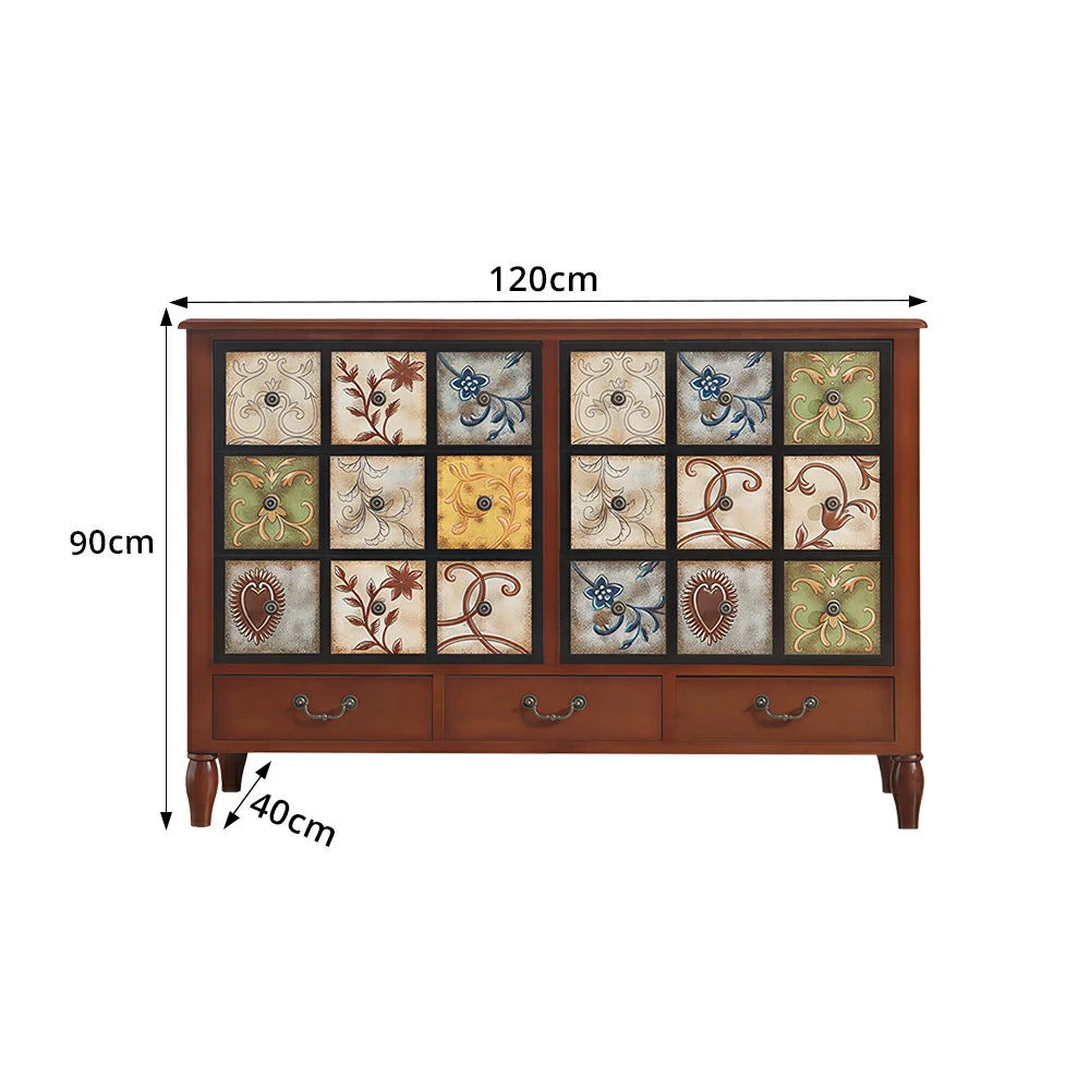 LIVARA American Vintage Storage Cabinet - Solid Wood Painted 9-Drawer Chest with 18 Panels - 120cm Entryway Cabinet - Reddish Brown