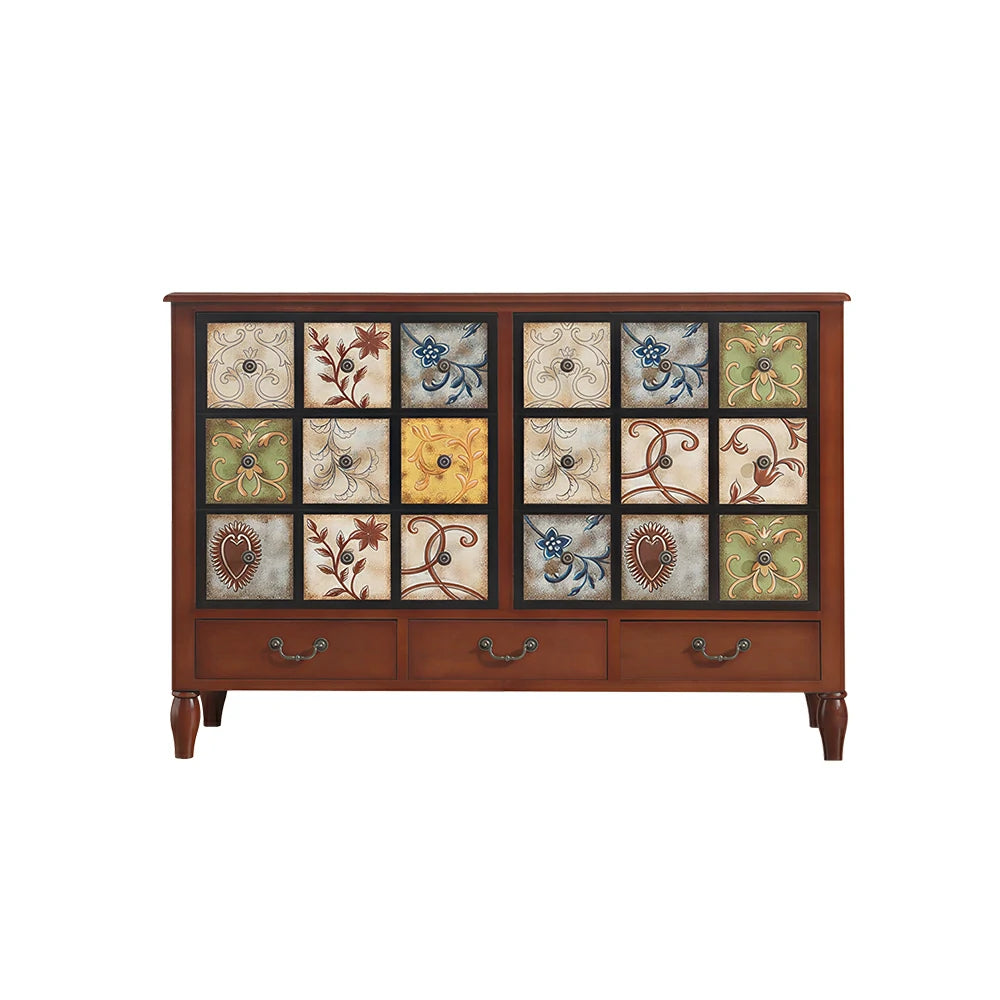 LIVARA American Vintage Storage Cabinet - Solid Wood Painted 9-Drawer Chest with 18 Panels - 120cm Entryway Cabinet - Reddish Brown