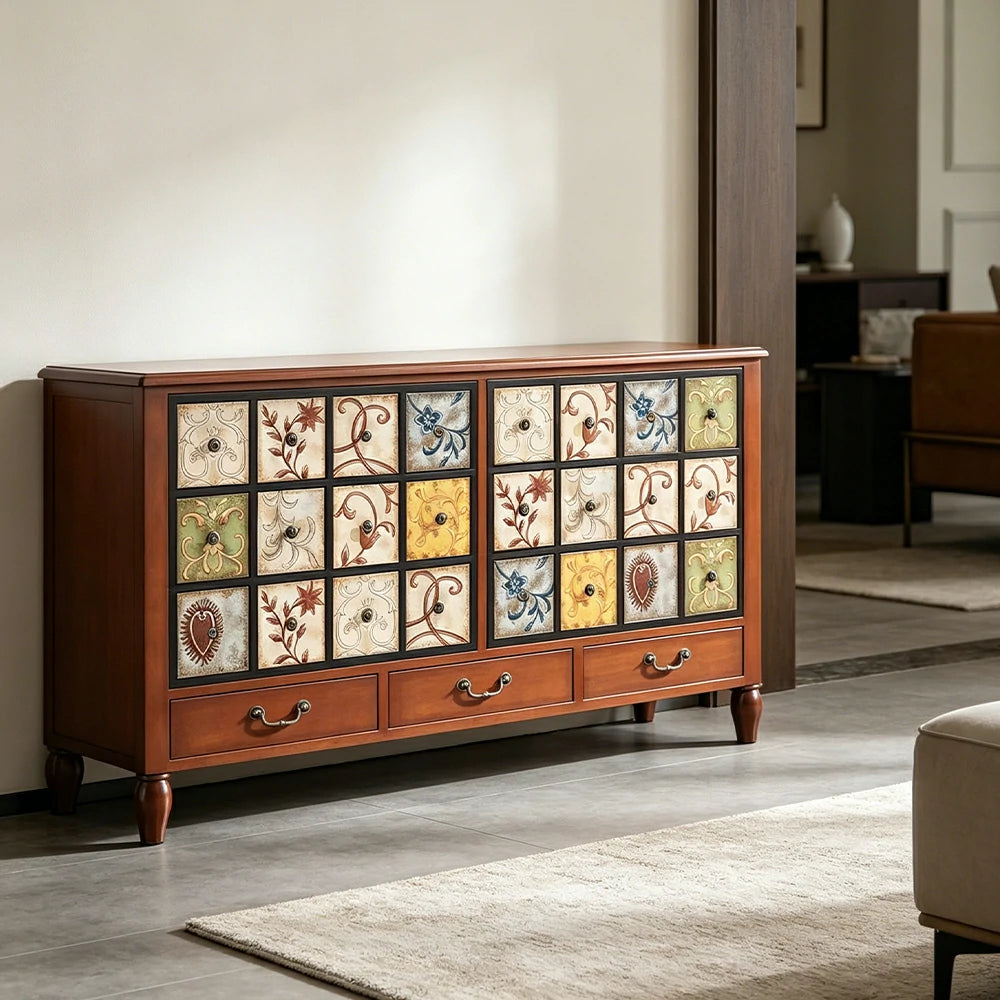 LIVARA American Vintage Storage Cabinet - Solid Wood Painted 9-Drawer Chest with 24 Panels - 140cm Entryway Cabinet - Reddish Brown