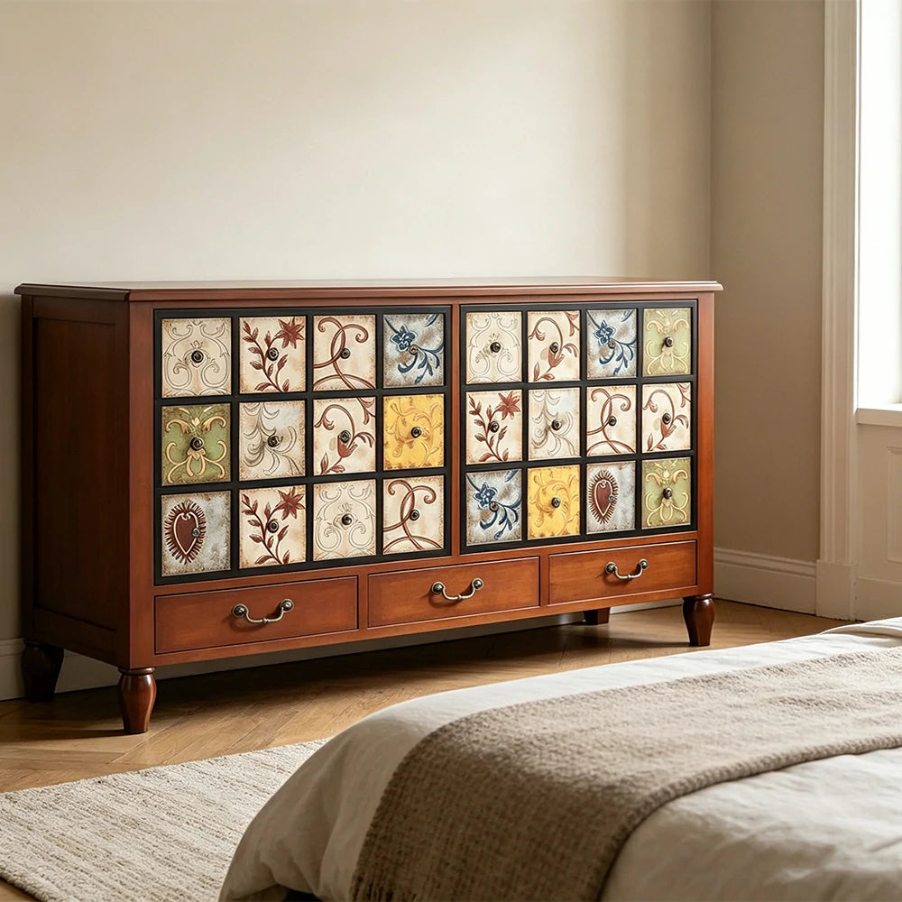 LIVARA American Vintage Storage Cabinet - Solid Wood Painted 9-Drawer Chest with 24 Panels - 140cm Entryway Cabinet - Reddish Brown