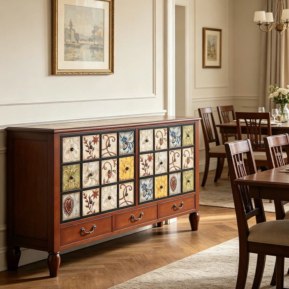 LIVARA American Vintage Storage Cabinet - Solid Wood Painted 9-Drawer Chest with 24 Panels - 140cm Entryway Cabinet - Reddish Brown