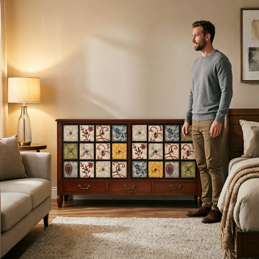 LIVARA American Vintage Storage Cabinet - Solid Wood Painted 9-Drawer Chest with 24 Panels - 140cm Entryway Cabinet - Reddish Brown