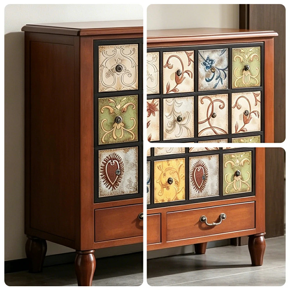 LIVARA American Vintage Storage Cabinet - Solid Wood Painted 9-Drawer Chest with 24 Panels - 140cm Entryway Cabinet - Reddish Brown