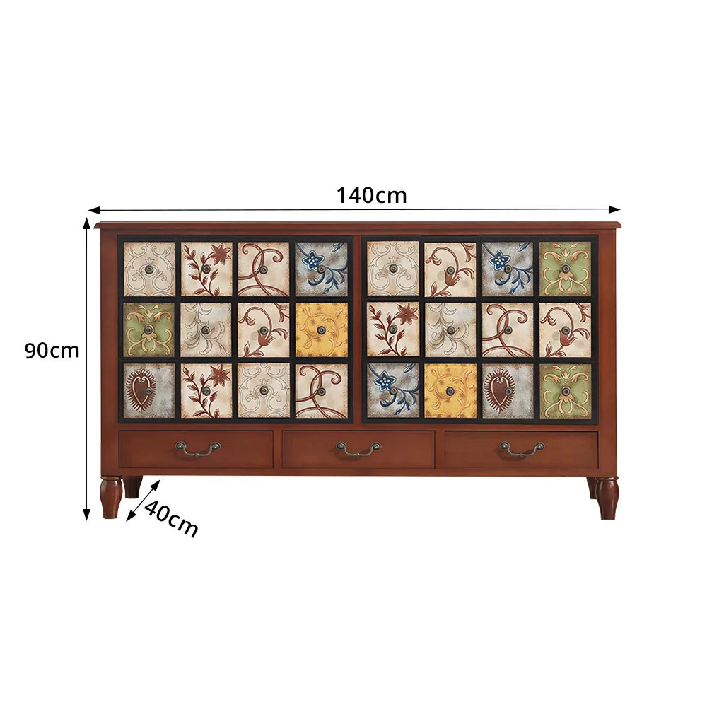 LIVARA American Vintage Storage Cabinet - Solid Wood Painted 9-Drawer Chest with 24 Panels - 140cm Entryway Cabinet - Reddish Brown