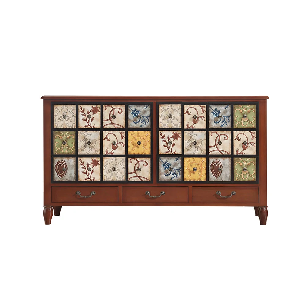 LIVARA American Vintage Storage Cabinet - Solid Wood Painted 9-Drawer Chest with 24 Panels - 140cm Entryway Cabinet - Reddish Brown