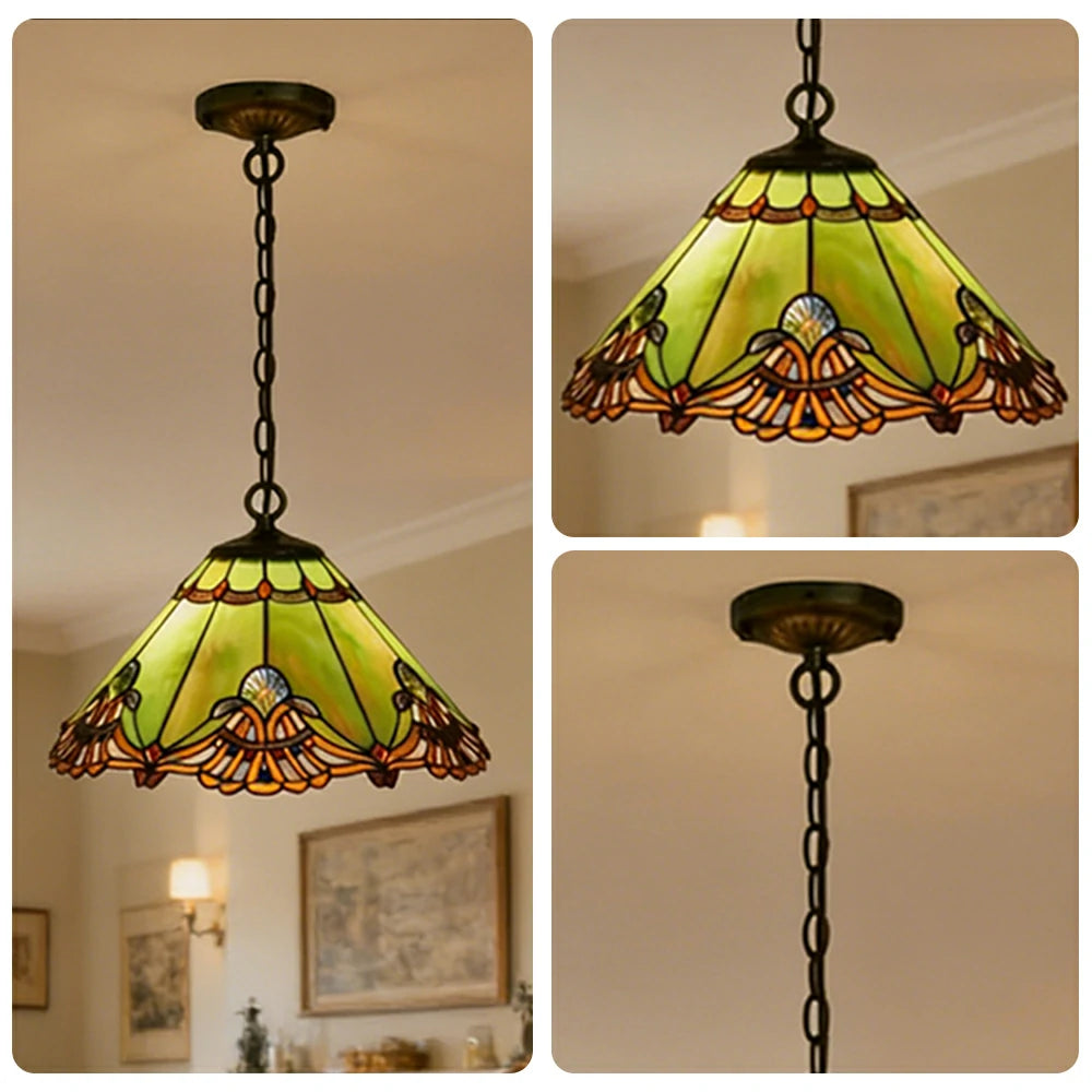 LIVARA Green Fern Pattern Pendant Light European Vintage Hanging Lamp Adjustable Chain Ceiling Light for Dining Room Living Room