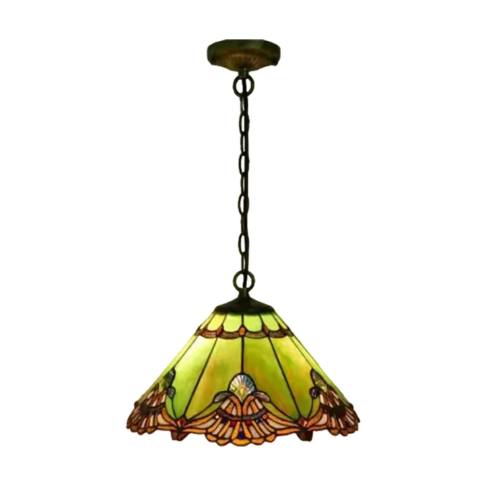 LIVARA Green Fern Pattern Pendant Light European Vintage Hanging Lamp Adjustable Chain Ceiling Light for Dining Room Living Room
