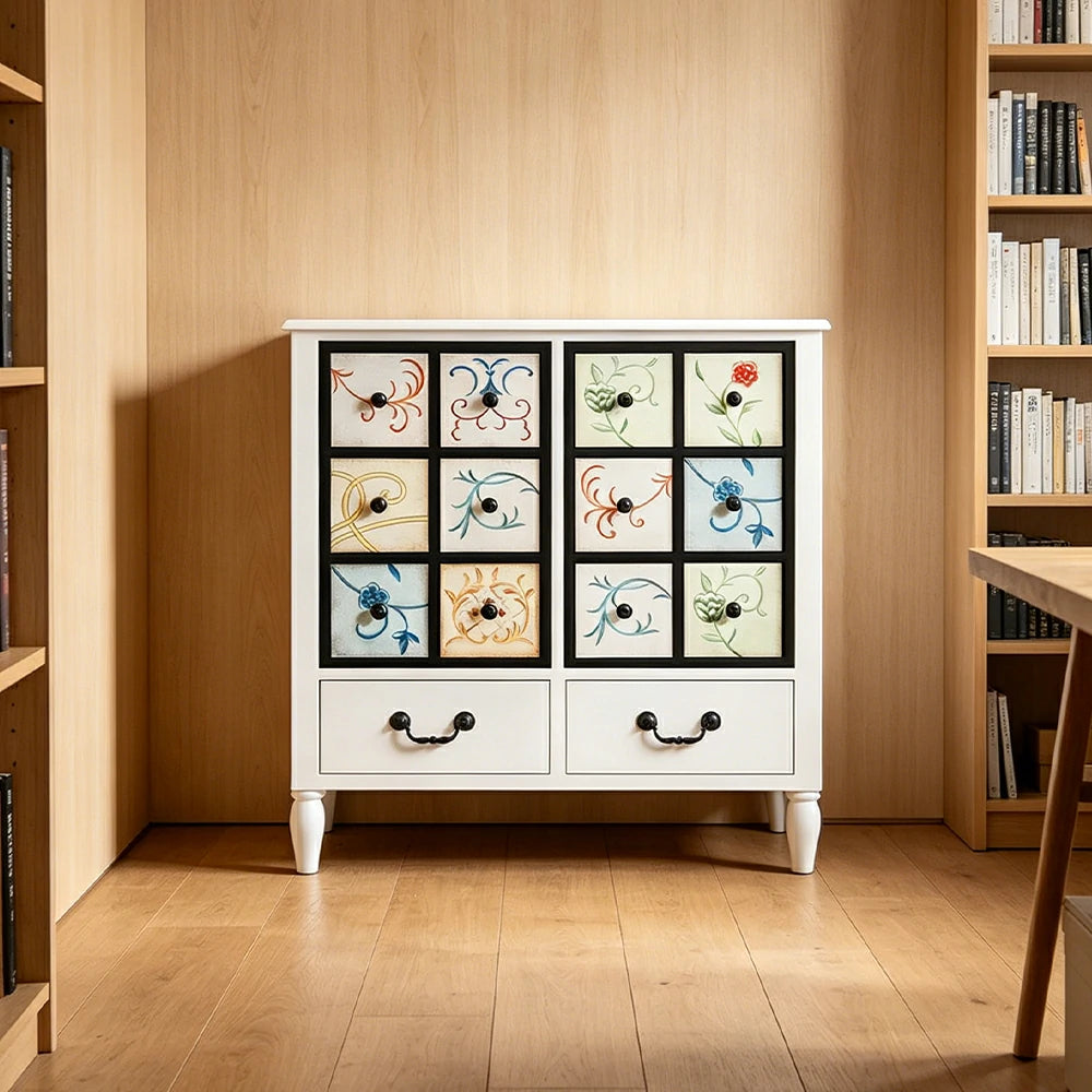 LIVARA American Vintage Storage Cabinet - Solid Wood Painted 8-Drawer Chest with 12 Panels - 80cm Entryway Cabinet - White