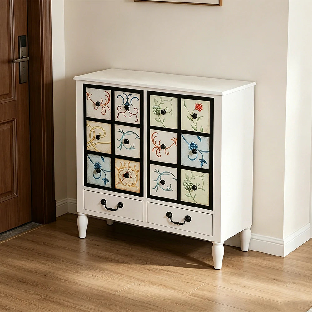 LIVARA American Vintage Storage Cabinet - Solid Wood Painted 8-Drawer Chest with 12 Panels - 80cm Entryway Cabinet - White