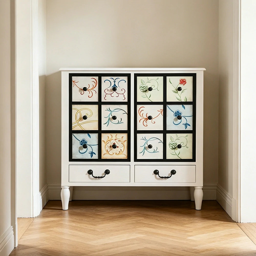 LIVARA American Vintage Storage Cabinet - Solid Wood Painted 8-Drawer Chest with 12 Panels - 80cm Entryway Cabinet - White