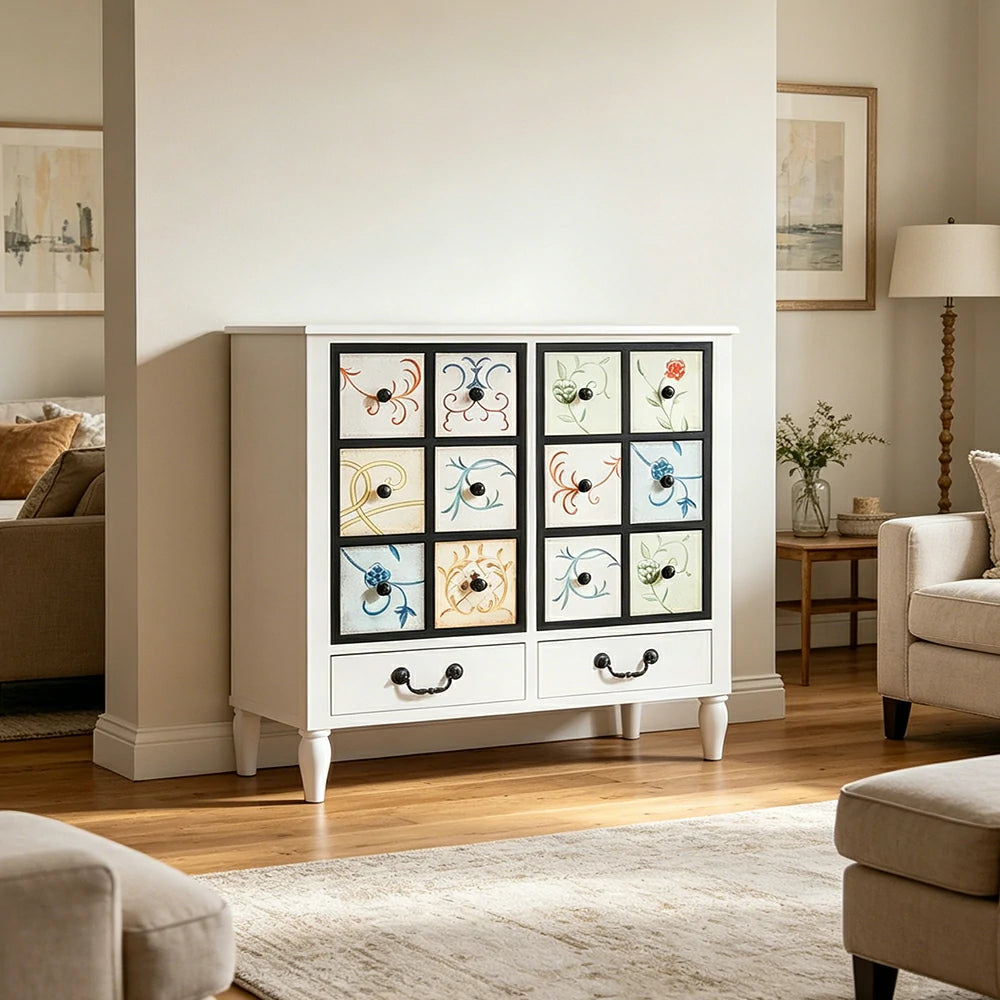 LIVARA American Vintage Storage Cabinet - Solid Wood Painted 8-Drawer Chest with 12 Panels - 80cm Entryway Cabinet - White