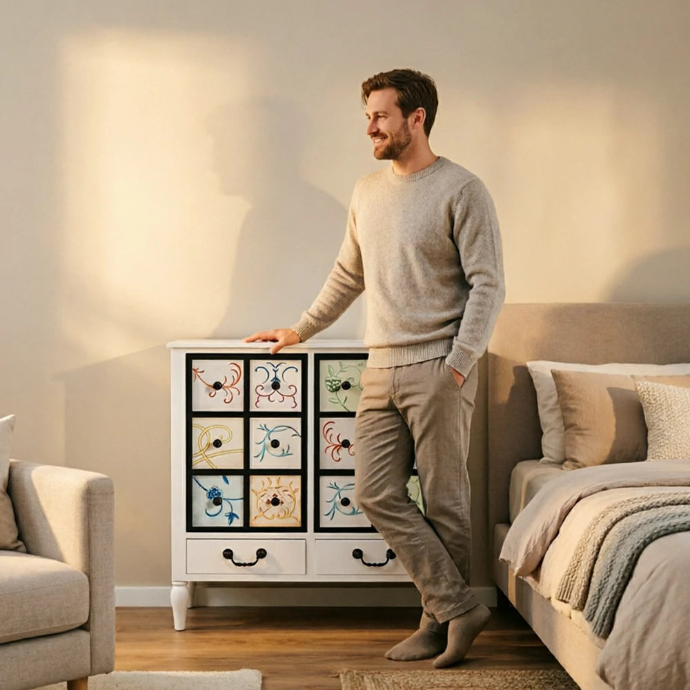 LIVARA American Vintage Storage Cabinet - Solid Wood Painted 8-Drawer Chest with 12 Panels - 80cm Entryway Cabinet - White