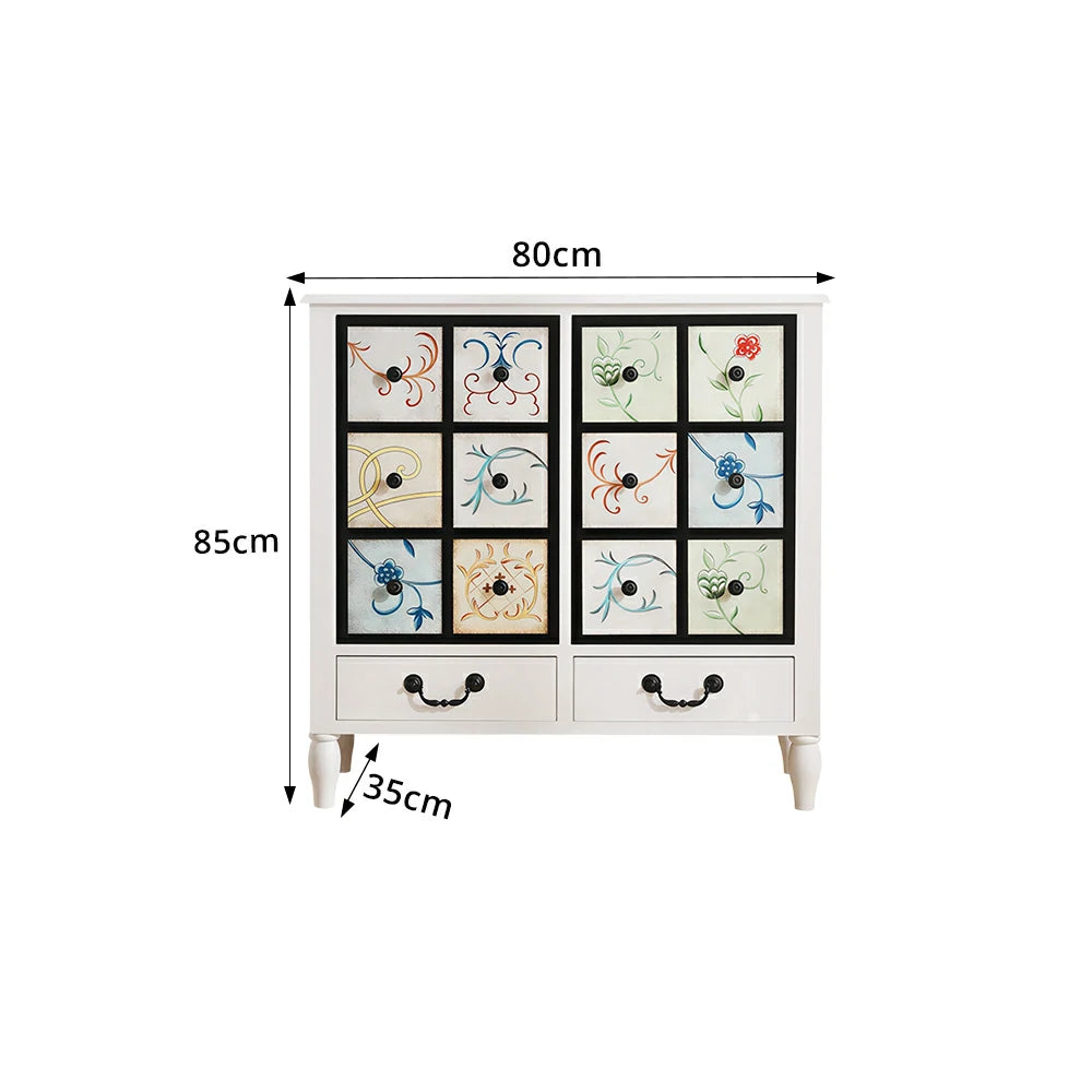 LIVARA American Vintage Storage Cabinet - Solid Wood Painted 8-Drawer Chest with 12 Panels - 80cm Entryway Cabinet - White