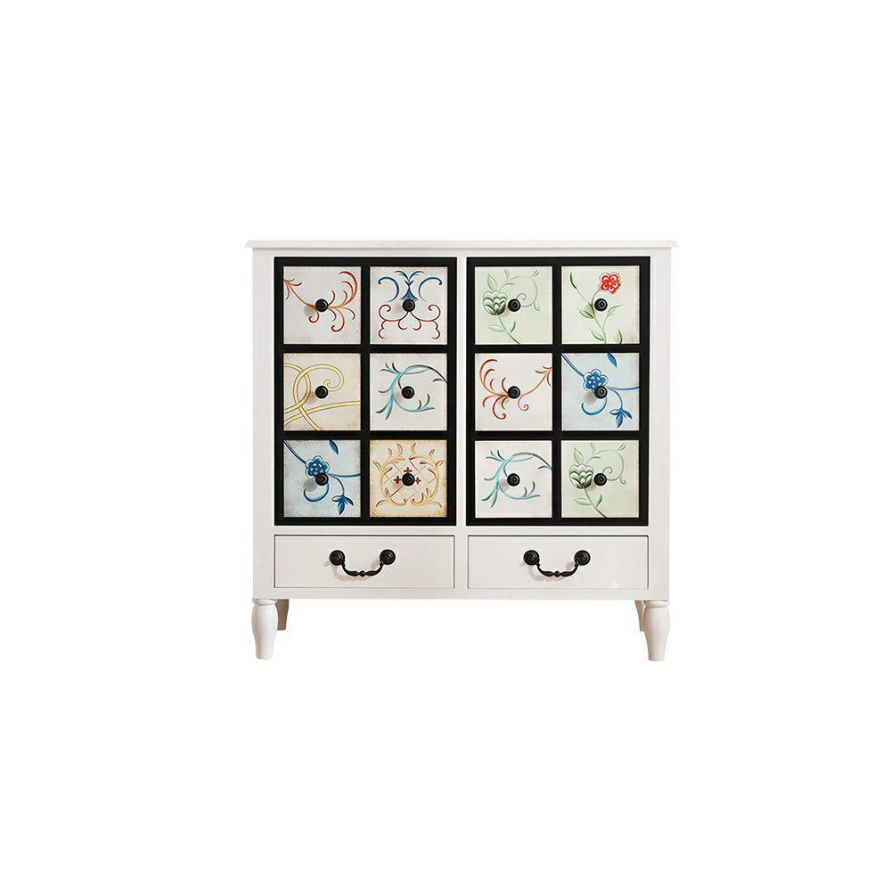 LIVARA American Vintage Storage Cabinet - Solid Wood Painted 8-Drawer Chest with 12 Panels - 80cm Entryway Cabinet - White