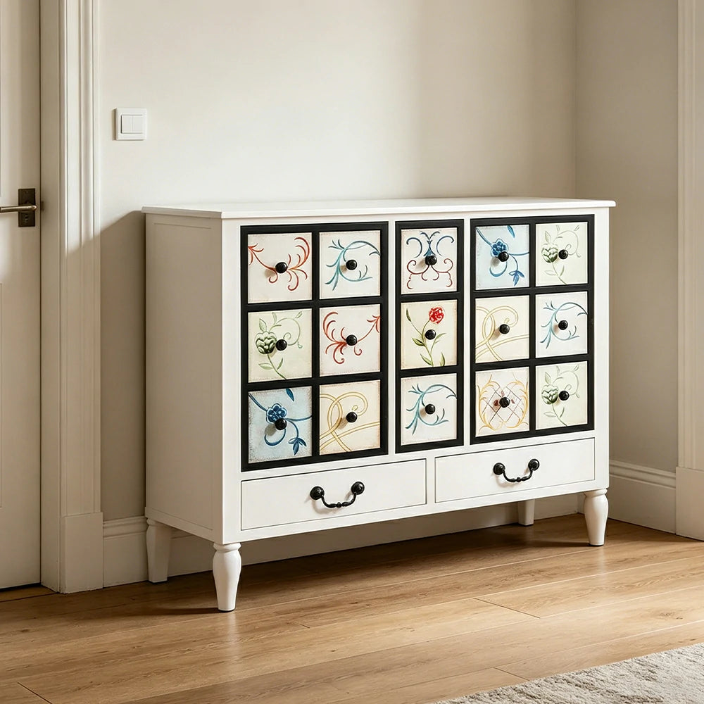LIVARA American Vintage Storage Cabinet - Solid Wood Painted 11-Drawer Chest with 15 Panels - 100cm Entryway Cabinet - White