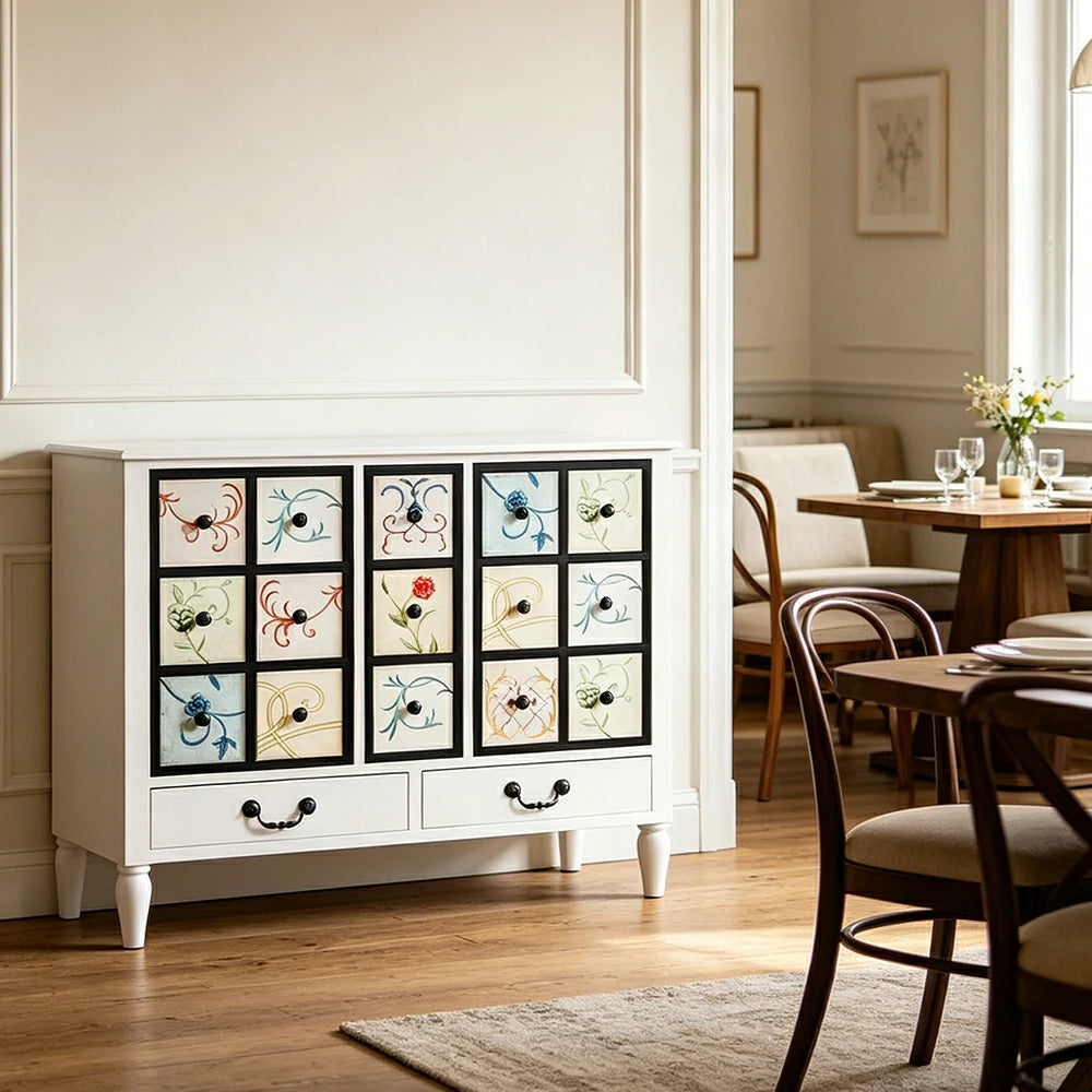 LIVARA American Vintage Storage Cabinet - Solid Wood Painted 11-Drawer Chest with 15 Panels - 100cm Entryway Cabinet - White