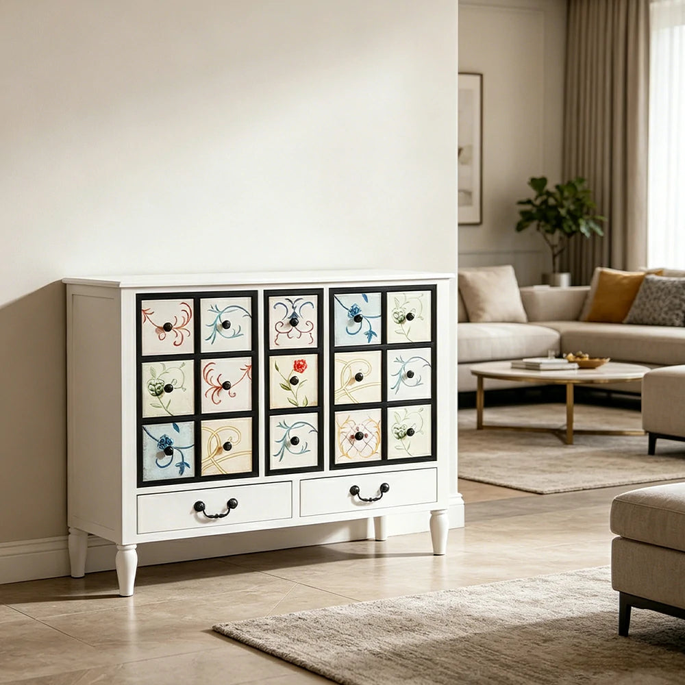 LIVARA American Vintage Storage Cabinet - Solid Wood Painted 11-Drawer Chest with 15 Panels - 100cm Entryway Cabinet - White