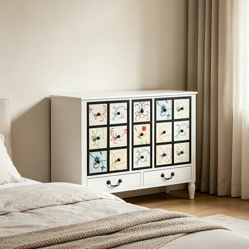LIVARA American Vintage Storage Cabinet - Solid Wood Painted 11-Drawer Chest with 15 Panels - 100cm Entryway Cabinet - White