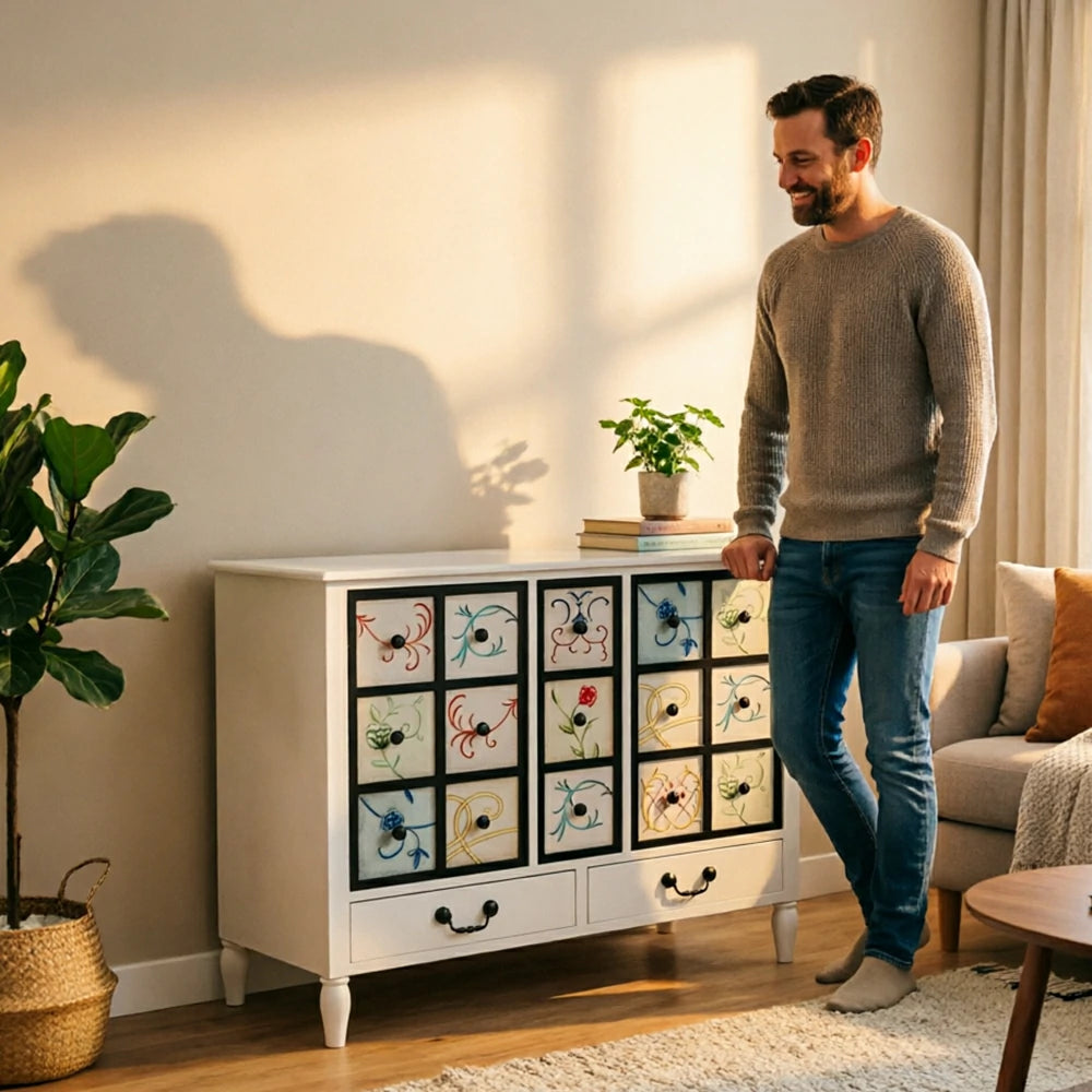 LIVARA American Vintage Storage Cabinet - Solid Wood Painted 11-Drawer Chest with 15 Panels - 100cm Entryway Cabinet - White