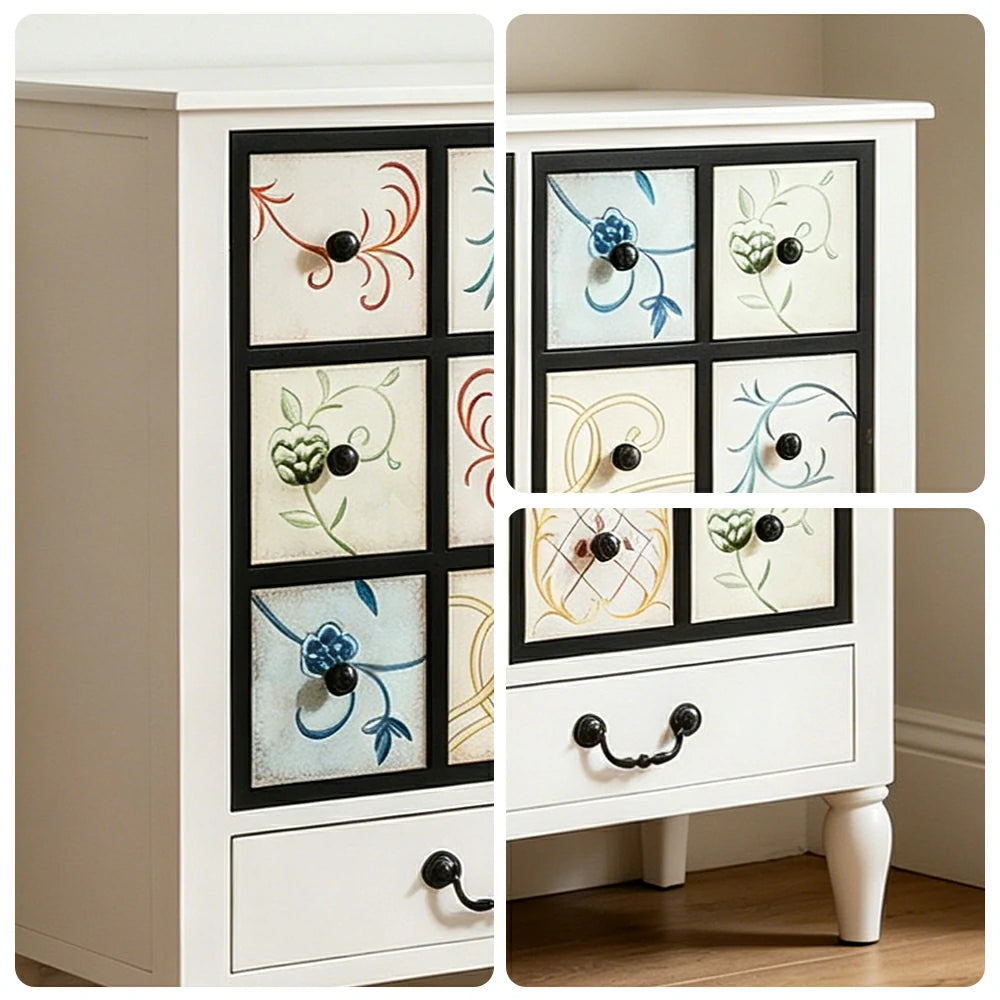 LIVARA American Vintage Storage Cabinet - Solid Wood Painted 11-Drawer Chest with 15 Panels - 100cm Entryway Cabinet - White
