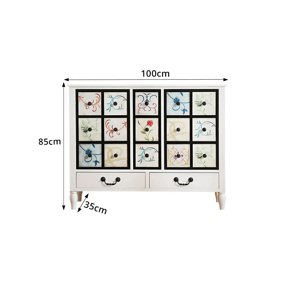 LIVARA American Vintage Storage Cabinet - Solid Wood Painted 11-Drawer Chest with 15 Panels - 100cm Entryway Cabinet - White