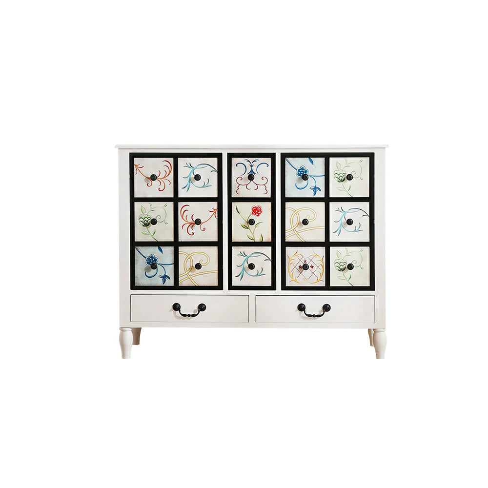 LIVARA American Vintage Storage Cabinet - Solid Wood Painted 11-Drawer Chest with 15 Panels - 100cm Entryway Cabinet - White