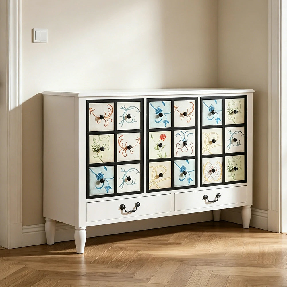LIVARA American Vintage Storage Cabinet - Solid Wood Painted 11-Drawer Chest with 18 Panels - 116cm Entryway Cabinet - White