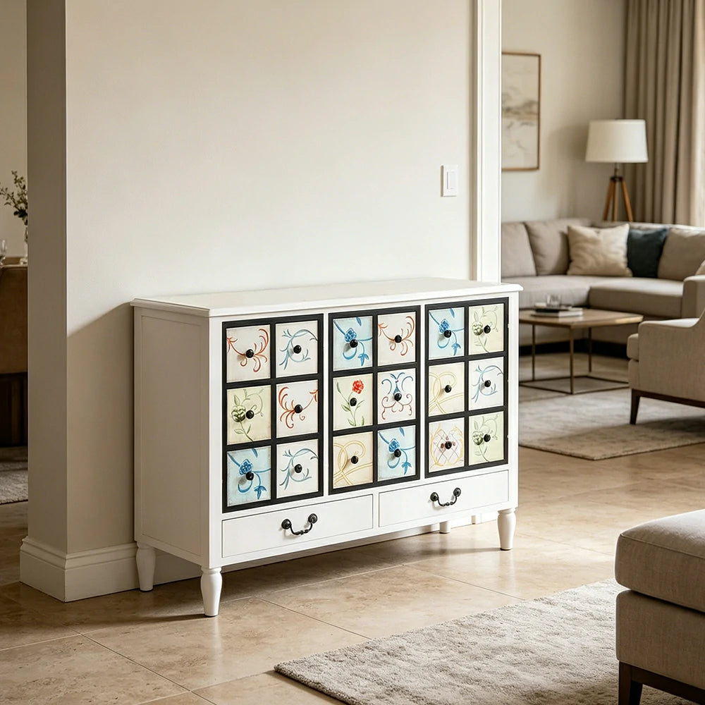LIVARA American Vintage Storage Cabinet - Solid Wood Painted 11-Drawer Chest with 18 Panels - 116cm Entryway Cabinet - White