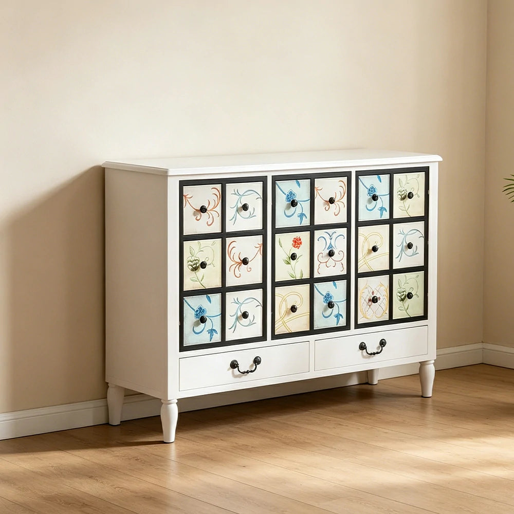 LIVARA American Vintage Storage Cabinet - Solid Wood Painted 11-Drawer Chest with 18 Panels - 116cm Entryway Cabinet - White