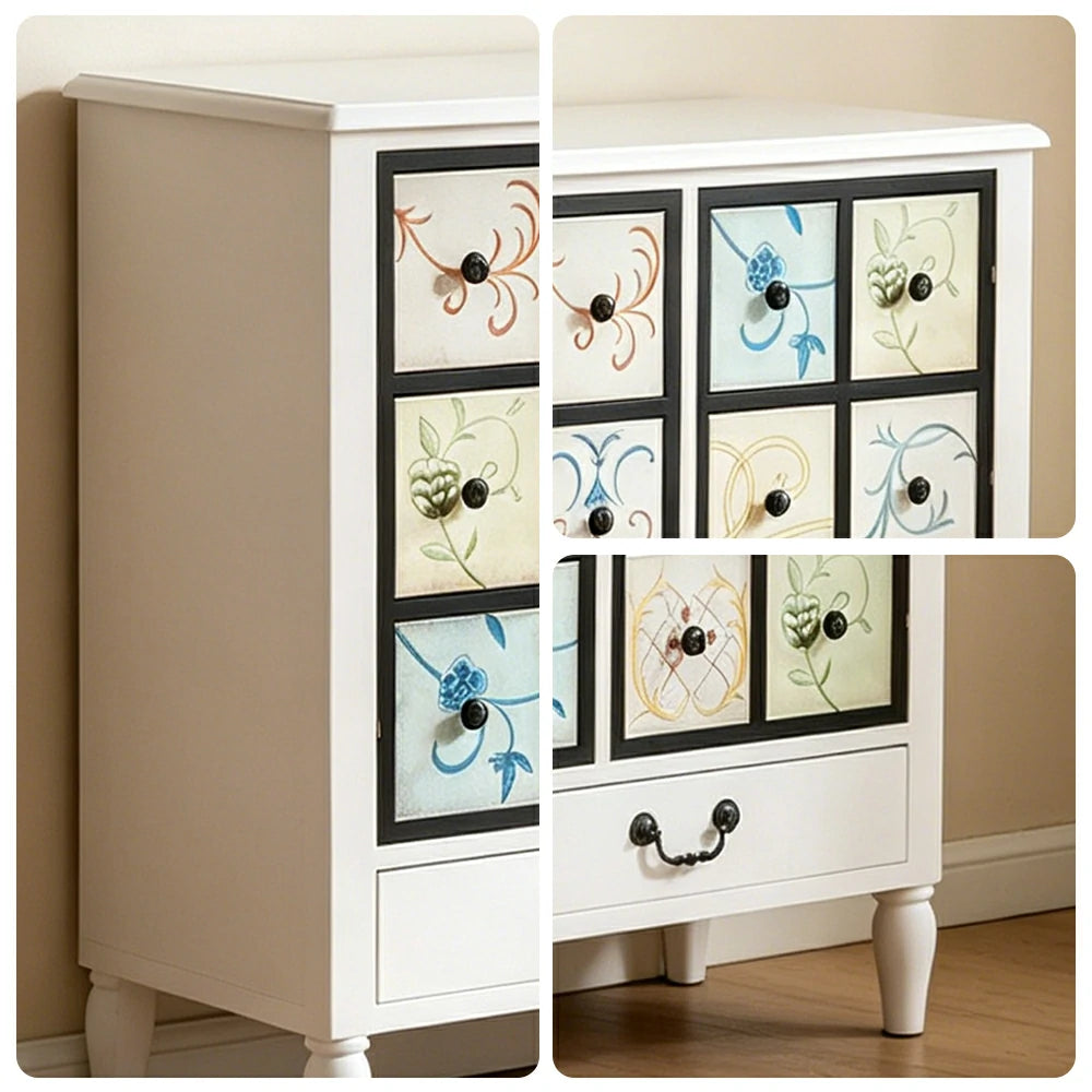 LIVARA American Vintage Storage Cabinet - Solid Wood Painted 11-Drawer Chest with 18 Panels - 116cm Entryway Cabinet - White