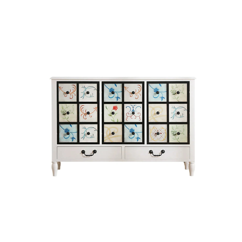 LIVARA American Vintage Storage Cabinet - Solid Wood Painted 11-Drawer Chest with 18 Panels - 116cm Entryway Cabinet - White