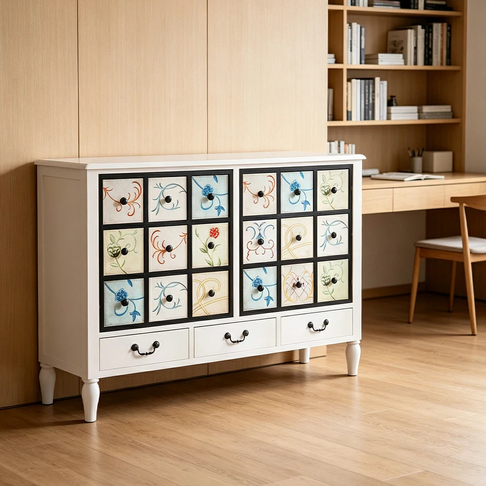 LIVARA American Vintage Storage Cabinet - Solid Wood Painted 9-Drawer Chest with 18 Panels - 120cm Entryway Cabinet - White