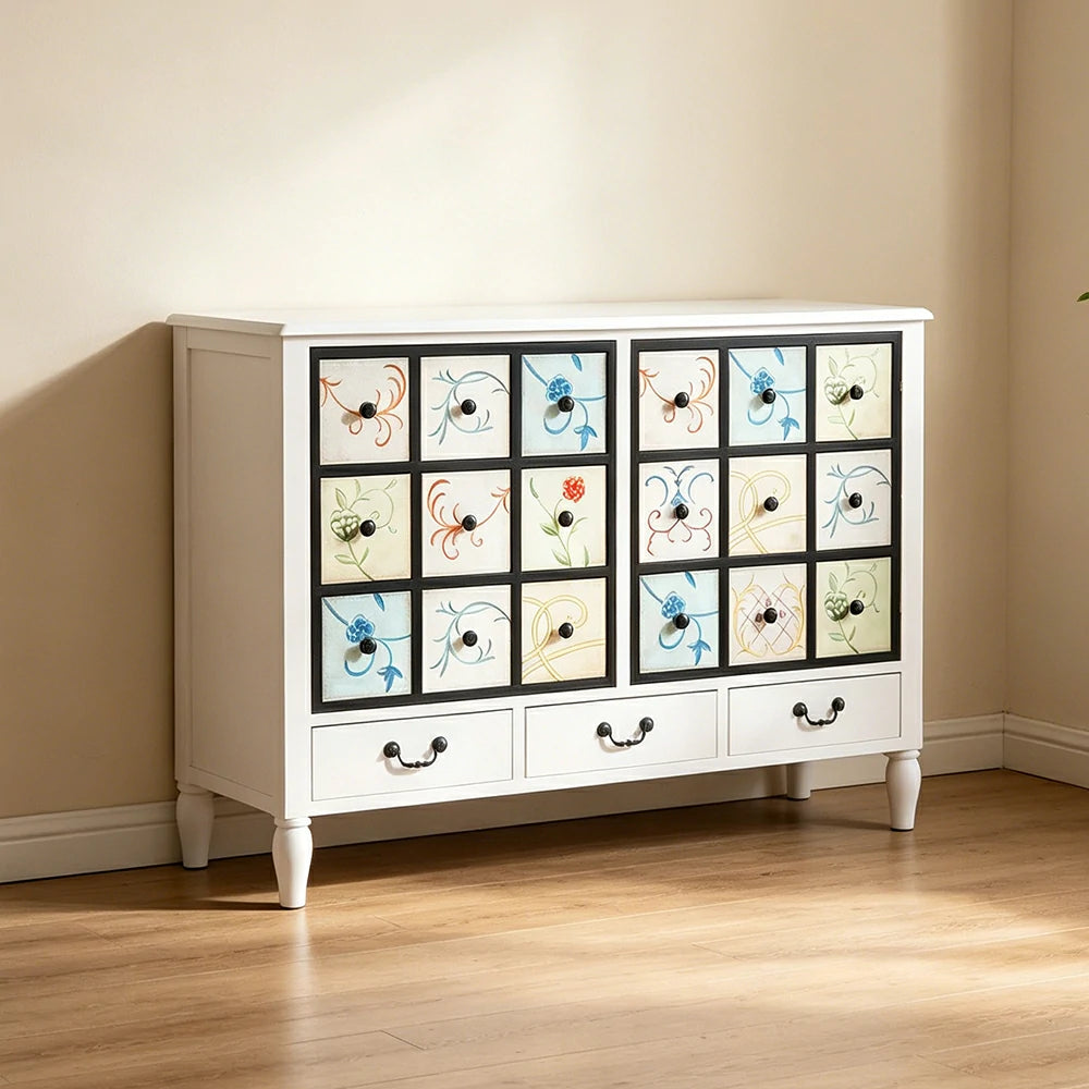 LIVARA American Vintage Storage Cabinet - Solid Wood Painted 9-Drawer Chest with 18 Panels - 120cm Entryway Cabinet - White