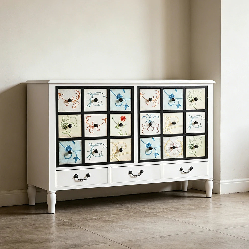 LIVARA American Vintage Storage Cabinet - Solid Wood Painted 9-Drawer Chest with 18 Panels - 120cm Entryway Cabinet - White