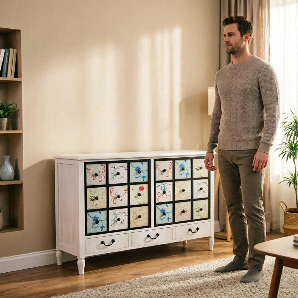 LIVARA American Vintage Storage Cabinet - Solid Wood Painted 9-Drawer Chest with 18 Panels - 120cm Entryway Cabinet - White