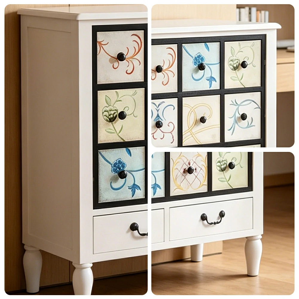 LIVARA American Vintage Storage Cabinet - Solid Wood Painted 9-Drawer Chest with 18 Panels - 120cm Entryway Cabinet - White