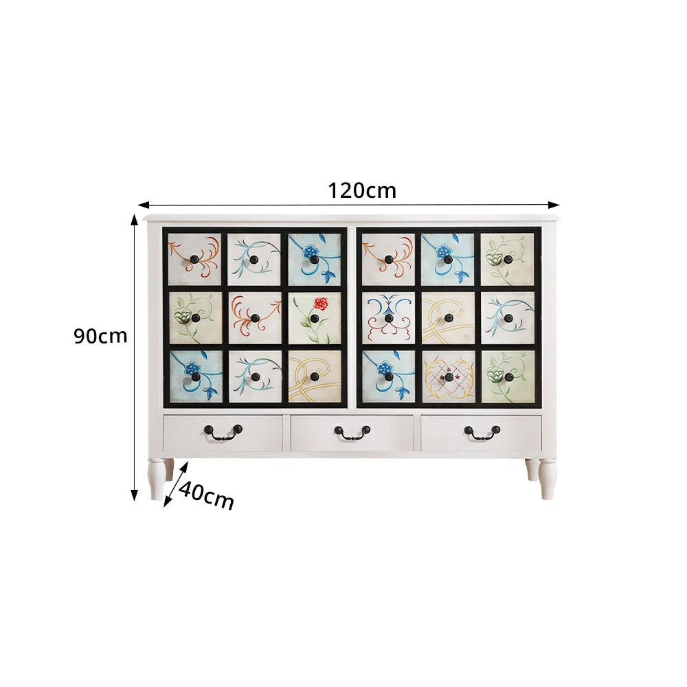 LIVARA American Vintage Storage Cabinet - Solid Wood Painted 9-Drawer Chest with 18 Panels - 120cm Entryway Cabinet - White